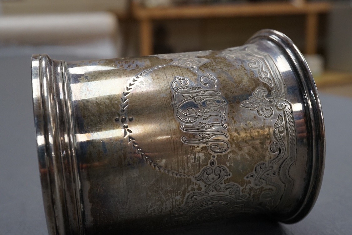 A Victorian engraved silver christening mug, Edward Ker Reid, London, 1871, height 85mm, 133 grams.